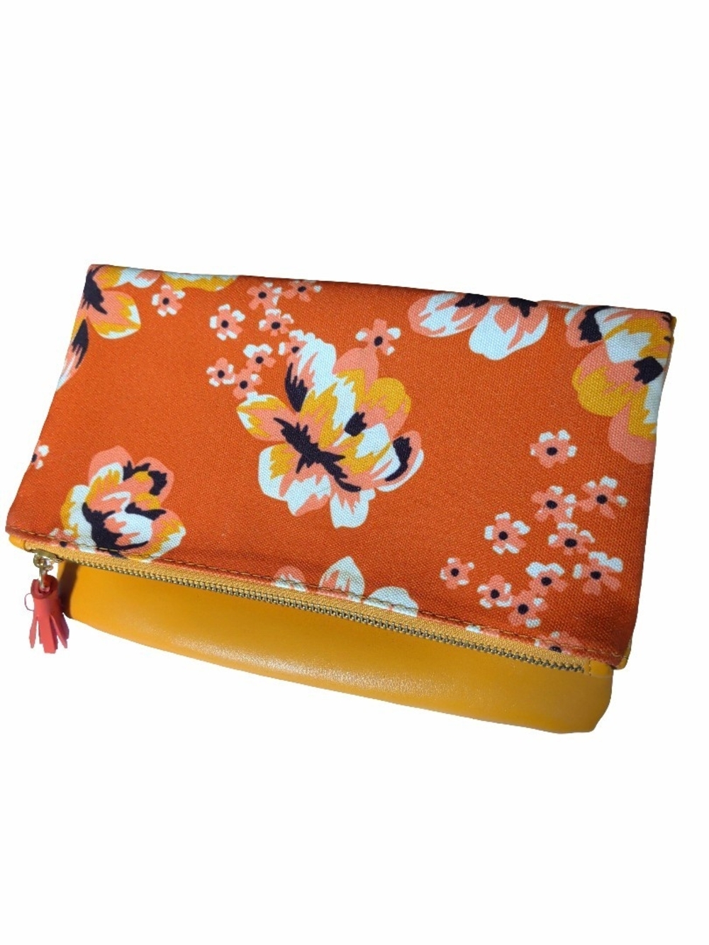 Rachel Pally Floral Fold-Over Clutch Zip Pouch Mustard Yellow & Rust